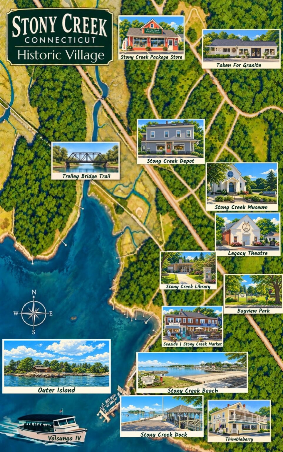 Illustrated visitor map of Stony Creek, Connecticut, featuring local shops, parks, the beach, and Volsunga IV.